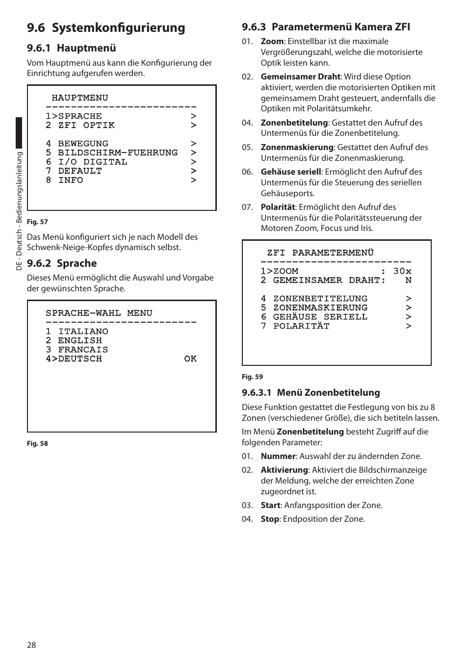 6 systemkonfigurierung, 1 hauptmenü, 2 sprache | 3 parametermenü kamera zfi, 1 menü zonenbetitelung | Videotec ULISSE PLUS User Manual | Page 204 / 236