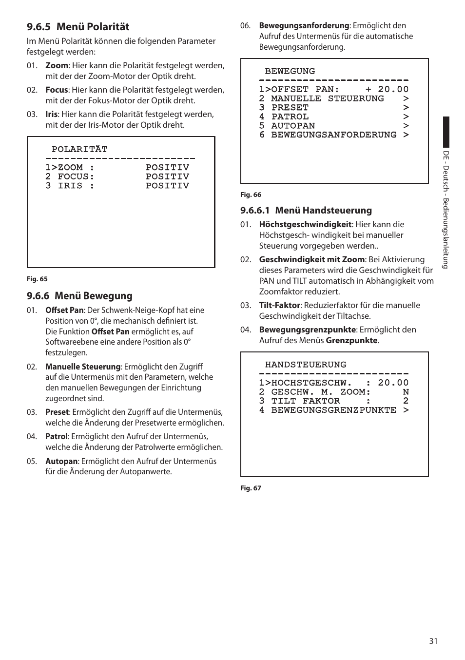 5 menü polarität, 6 menü bewegung, 1 menü handsteuerung | 5 menü polarität 9.6.6 menü bewegung | Videotec ULISSE PLUS User Manual | Page 207 / 236