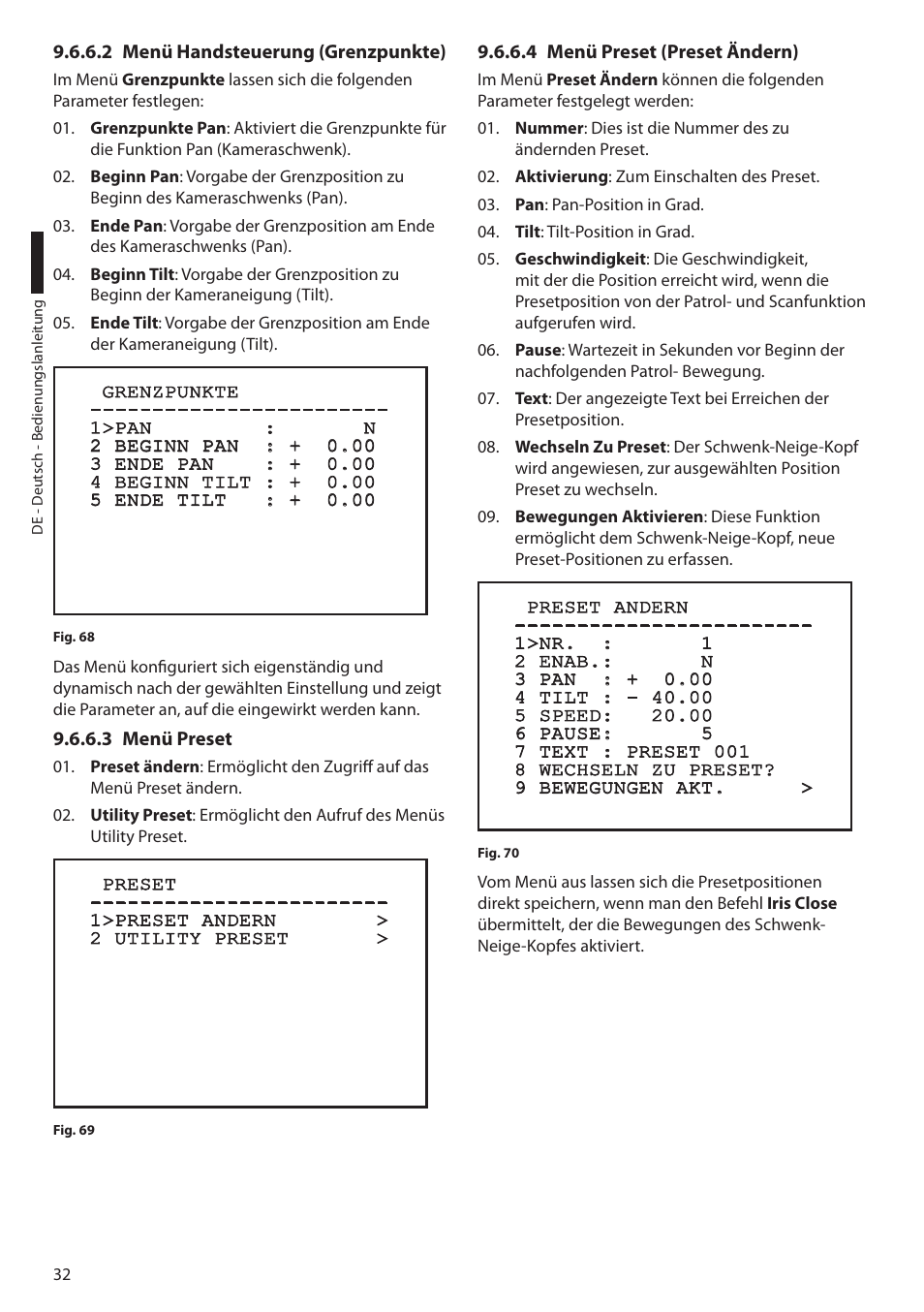 2 menü handsteuerung (grenzpunkte), 3 menü preset, 4 menü preset (preset ändern) | Videotec ULISSE PLUS User Manual | Page 208 / 236