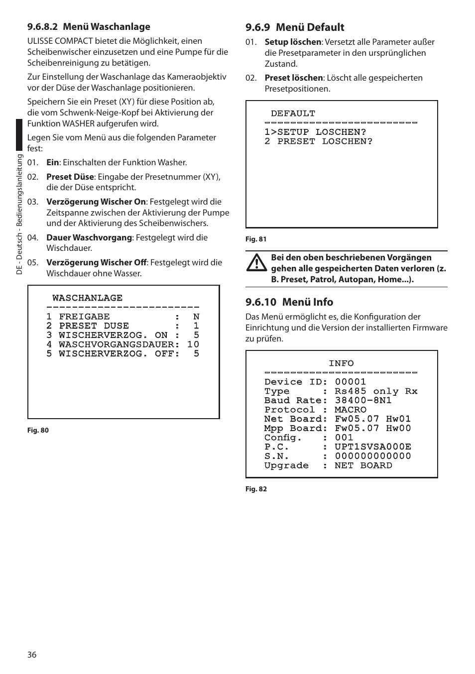 2 menü waschanlage, 9 menü default, 10 menü info | 9 menü default 9.6.10 menü info | Videotec ULISSE PLUS User Manual | Page 212 / 236