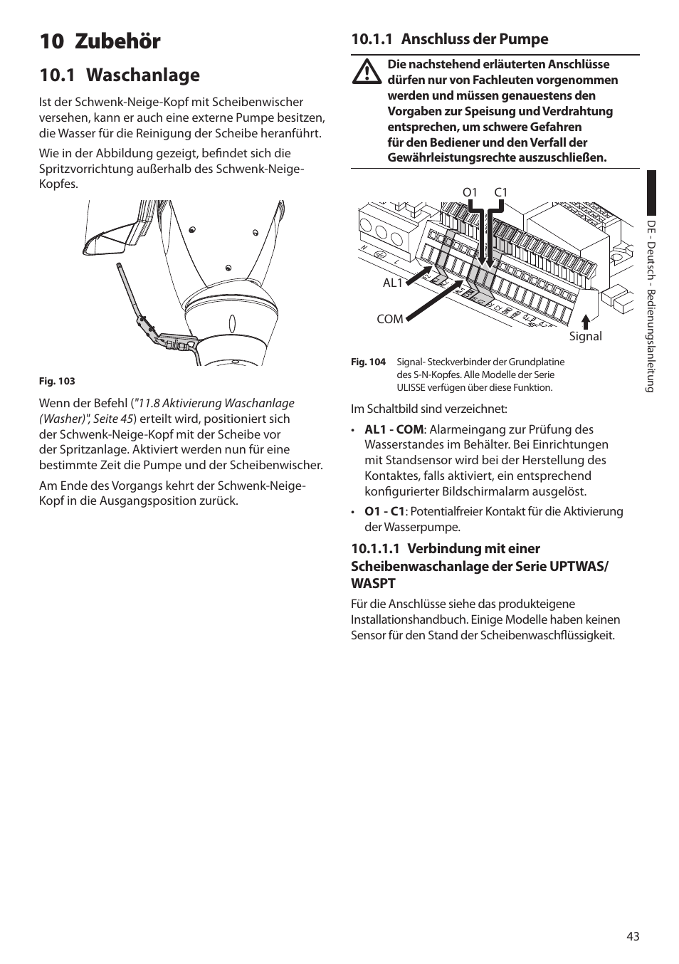 10 zubehör, 1 waschanlage, 1 anschluss der pumpe | Videotec ULISSE PLUS User Manual | Page 219 / 236