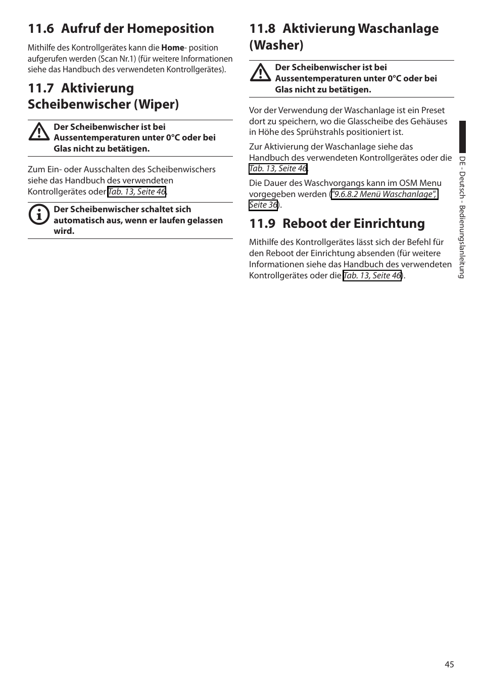 6 aufruf der homeposition, 7 aktivierung scheibenwischer (wiper), 8 aktivierung waschanlage (washer) | 9 reboot der einrichtung, 7 aktivierung scheibenwischer (wiper)", seite 45 | Videotec ULISSE PLUS User Manual | Page 221 / 236