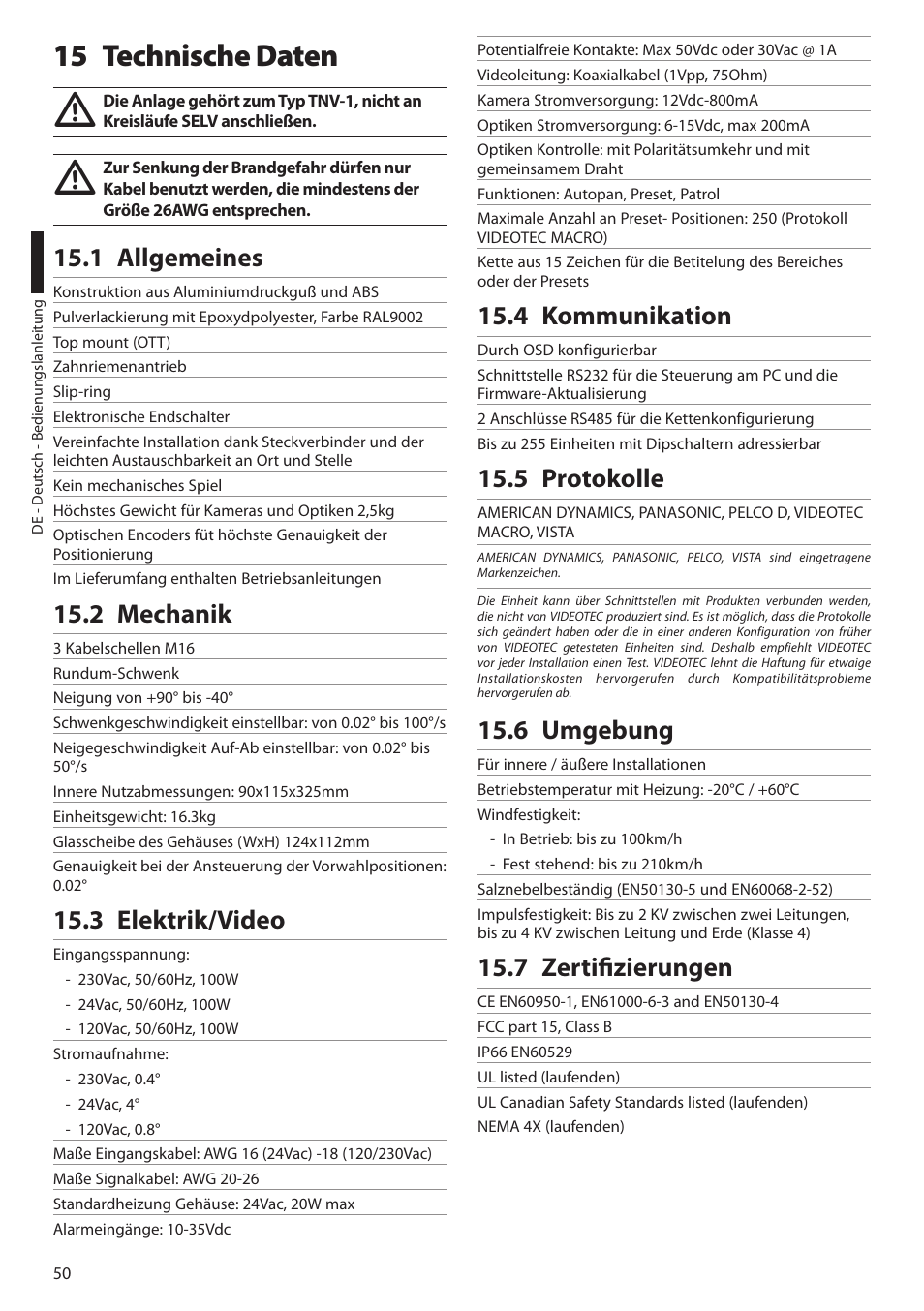 15 technische daten, 1 allgemeines, 2 mechanik | 3 elektrik/video, 4 kommunikation, 5 protokolle, 6 umgebung, 7 zertifizierungen | Videotec ULISSE PLUS User Manual | Page 226 / 236