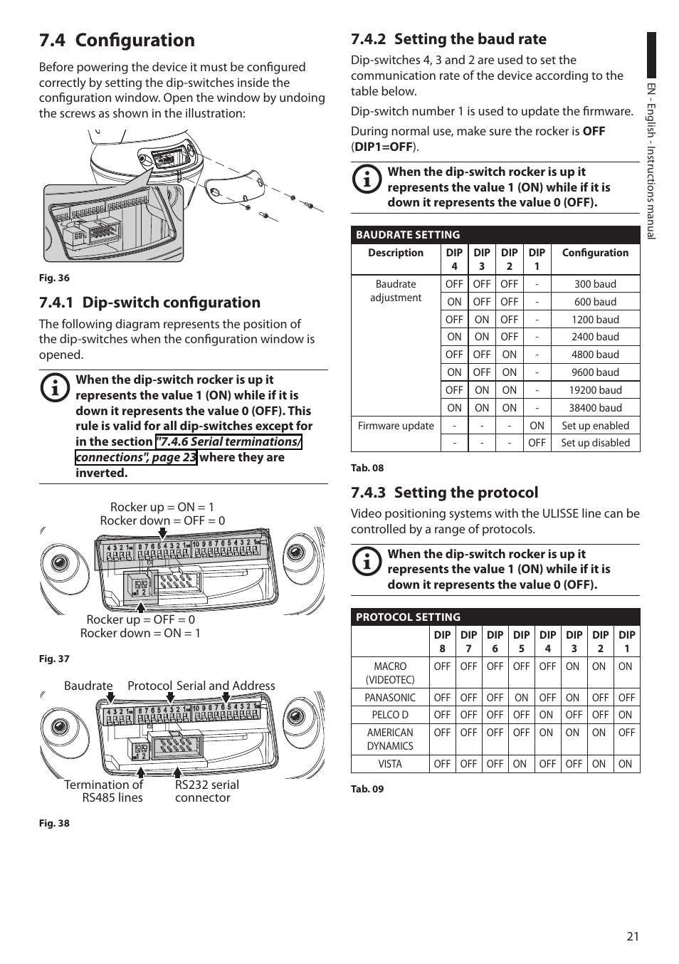 4 configuration, 1 dip-switch configuration, 2 setting the baud rate | 3 setting the protocol | Videotec ULISSE PLUS User Manual | Page 23 / 236