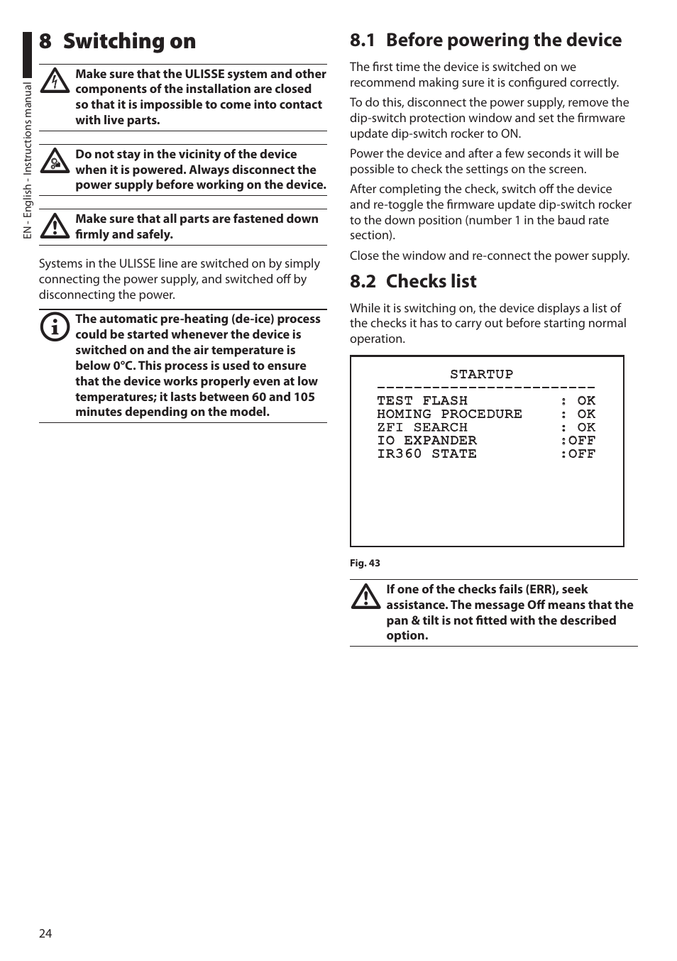 8 switching on, 1 before powering the device, 2 checks list | 1 before powering the device 8.2 checks list | Videotec ULISSE PLUS User Manual | Page 26 / 236