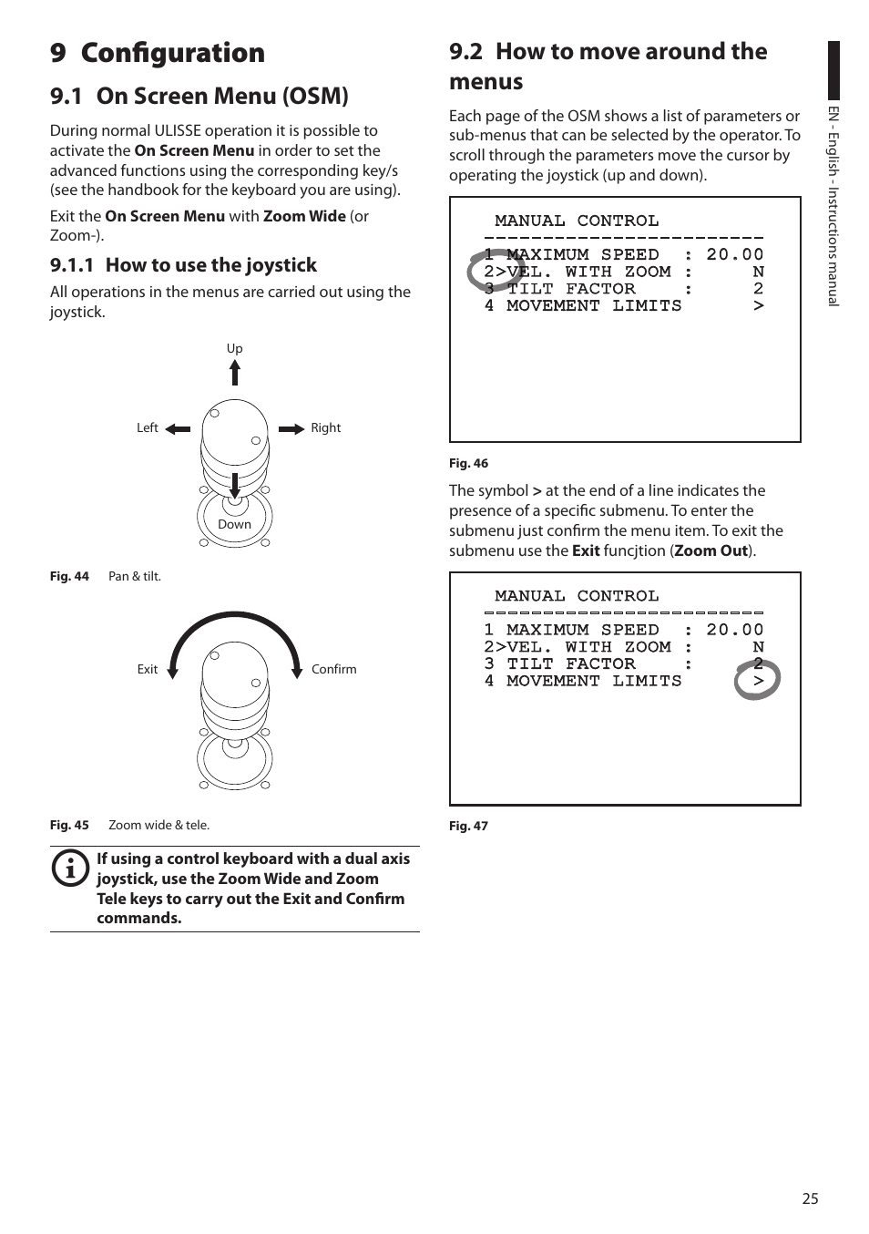 9 configuration, 1 on screen menu (osm), 1 how to use the joystick | 2 how to move around the menus | Videotec ULISSE PLUS User Manual | Page 27 / 236