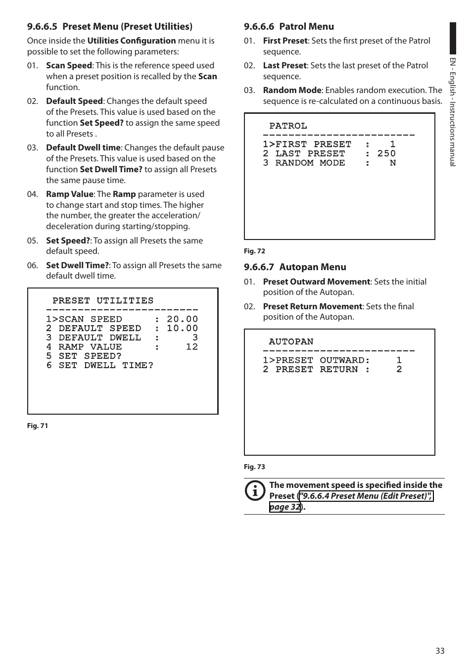 5 preset menu (preset utilities), 6 patrol menu, 7 autopan menu | Videotec ULISSE PLUS User Manual | Page 35 / 236