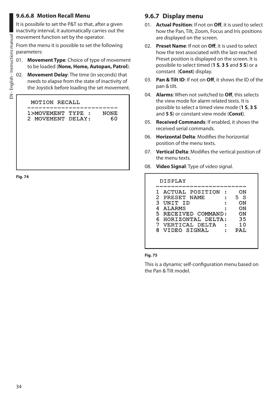 8 motion recall menu, 7 display menu | Videotec ULISSE PLUS User Manual | Page 36 / 236