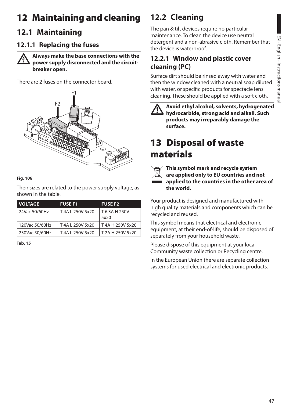 12 maintaining and cleaning, 1 maintaining, 1 replacing the fuses | 2 cleaning, 1 window and plastic cover cleaning (pc), 13 disposal of waste materials | Videotec ULISSE PLUS User Manual | Page 49 / 236