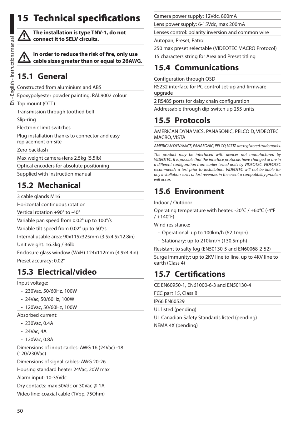 15 technical specifications, 1 general, 2 mechanical | 3 electrical/video, 4 communications, 5 protocols, 6 environment, 7 certifications | Videotec ULISSE PLUS User Manual | Page 52 / 236