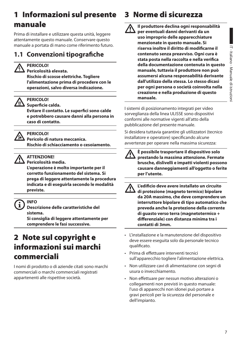 1 informazioni sul presente manuale, 1 convenzioni tipografiche, 3 norme di sicurezza | Videotec ULISSE PLUS User Manual | Page 67 / 236