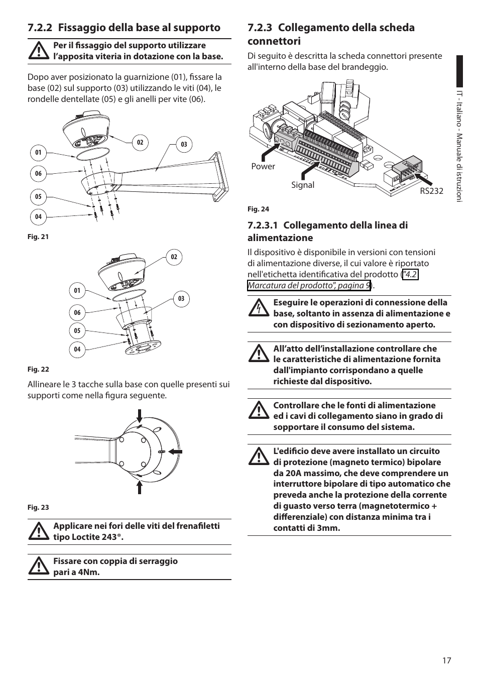 2 fissaggio della base al supporto, 3 collegamento della scheda connettori, 1 collegamento della linea di alimentazione | Videotec ULISSE PLUS User Manual | Page 77 / 236