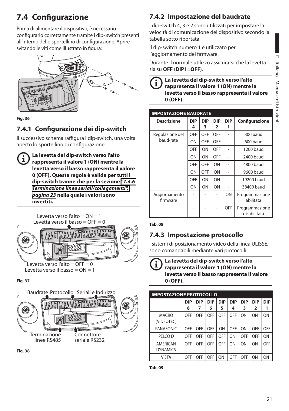 4 configurazione, 1 configurazione dei dip-switch, 2 impostazione del baudrate | 3 impostazione protocollo | Videotec ULISSE PLUS User Manual | Page 81 / 236