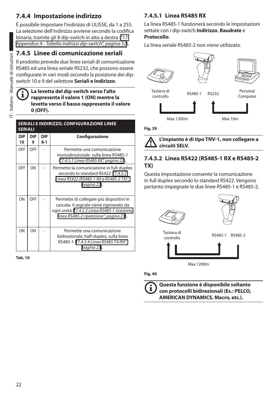 4 impostazione indirizzo, 5 linee di comunicazione seriali, 1 linea rs485 rx | 2 linea rs422 (rs485-1 rx e rs485-2 tx) | Videotec ULISSE PLUS User Manual | Page 82 / 236