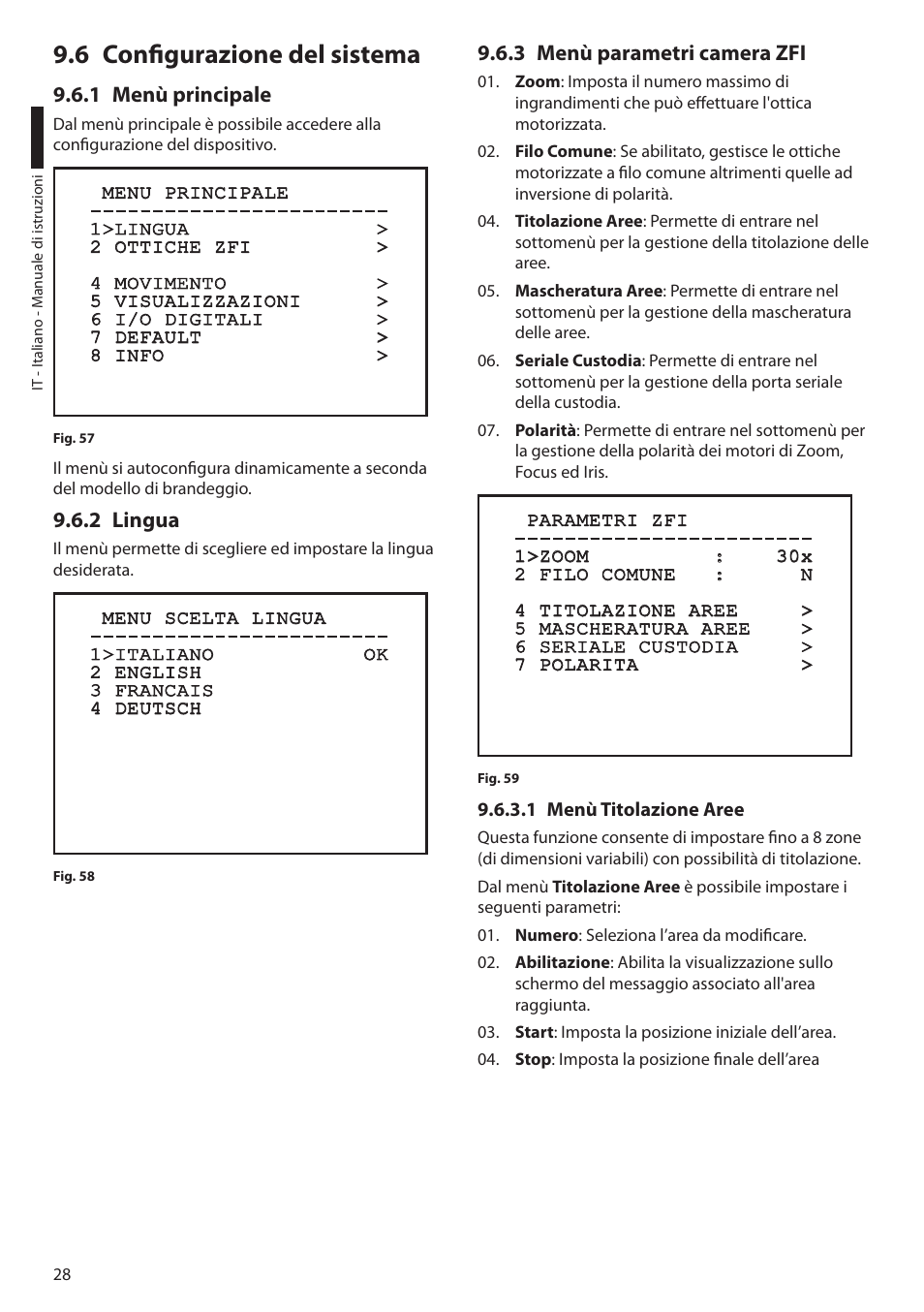 6 configurazione del sistema, 1 menù principale, 2 lingua | 3 menù parametri camera zfi, 1 menù titolazione aree | Videotec ULISSE PLUS User Manual | Page 88 / 236