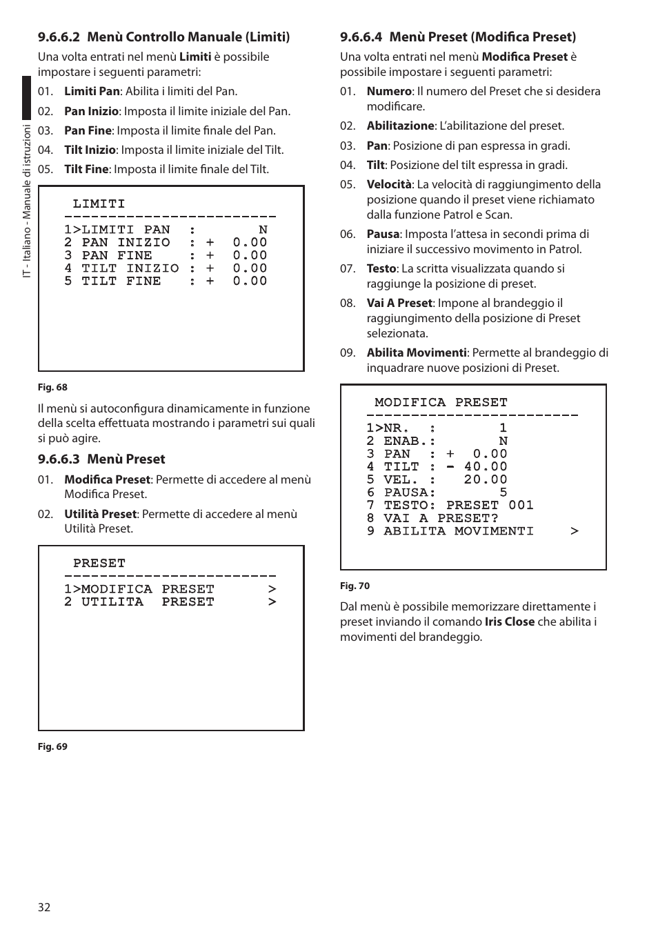 2 menù controllo manuale (limiti), 3 menù preset, 4 menù preset (modifica preset) | Videotec ULISSE PLUS User Manual | Page 92 / 236