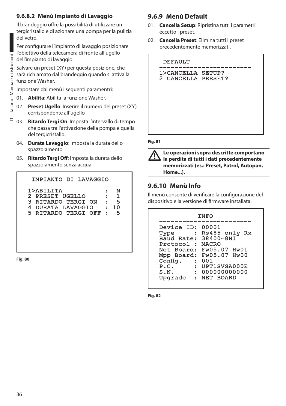 2 menù impianto di lavaggio, 9 menù default, 10 menù info | 9 menù default 9.6.10 menù info | Videotec ULISSE PLUS User Manual | Page 96 / 236