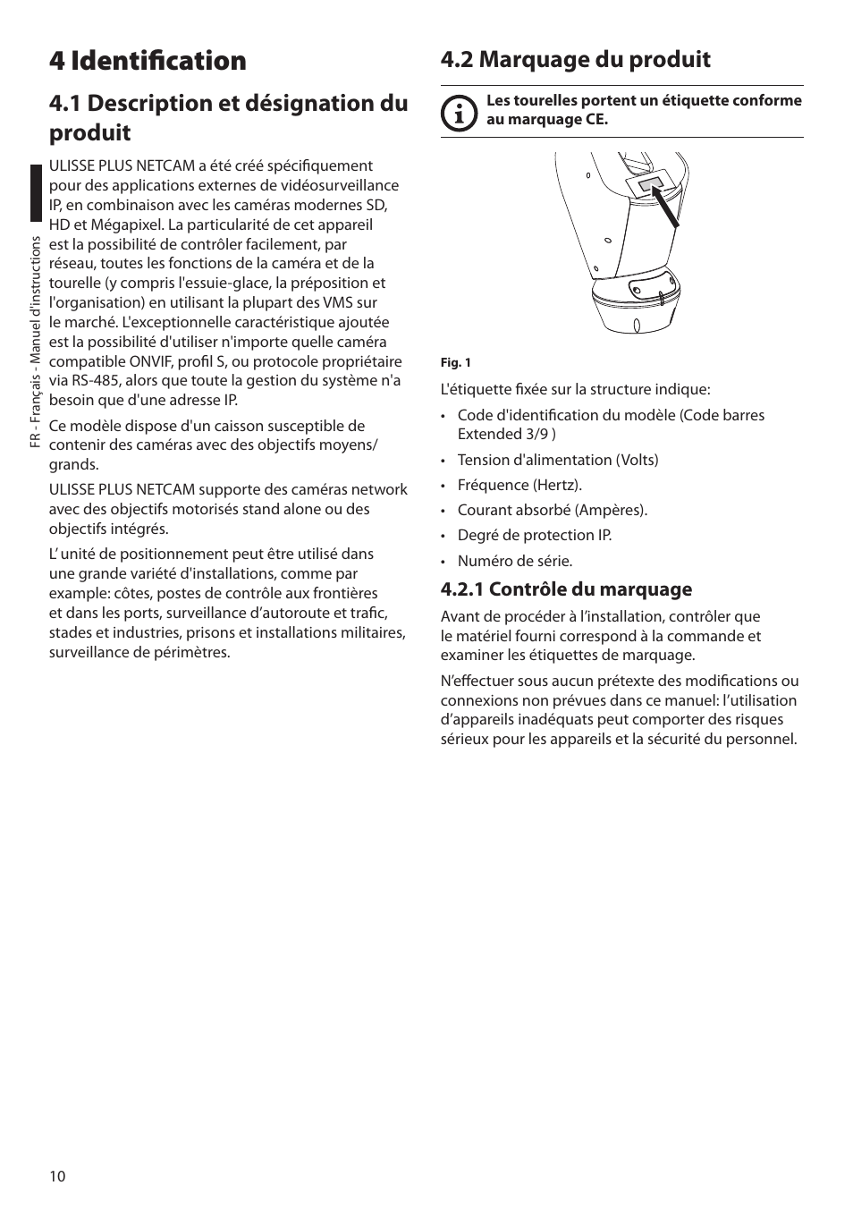 4 identification, 1 description et désignation du produit, 2 marquage du produit | 1 contrôle du marquage | Videotec ULISSE PLUS NETCAM User Manual | Page 108 / 196