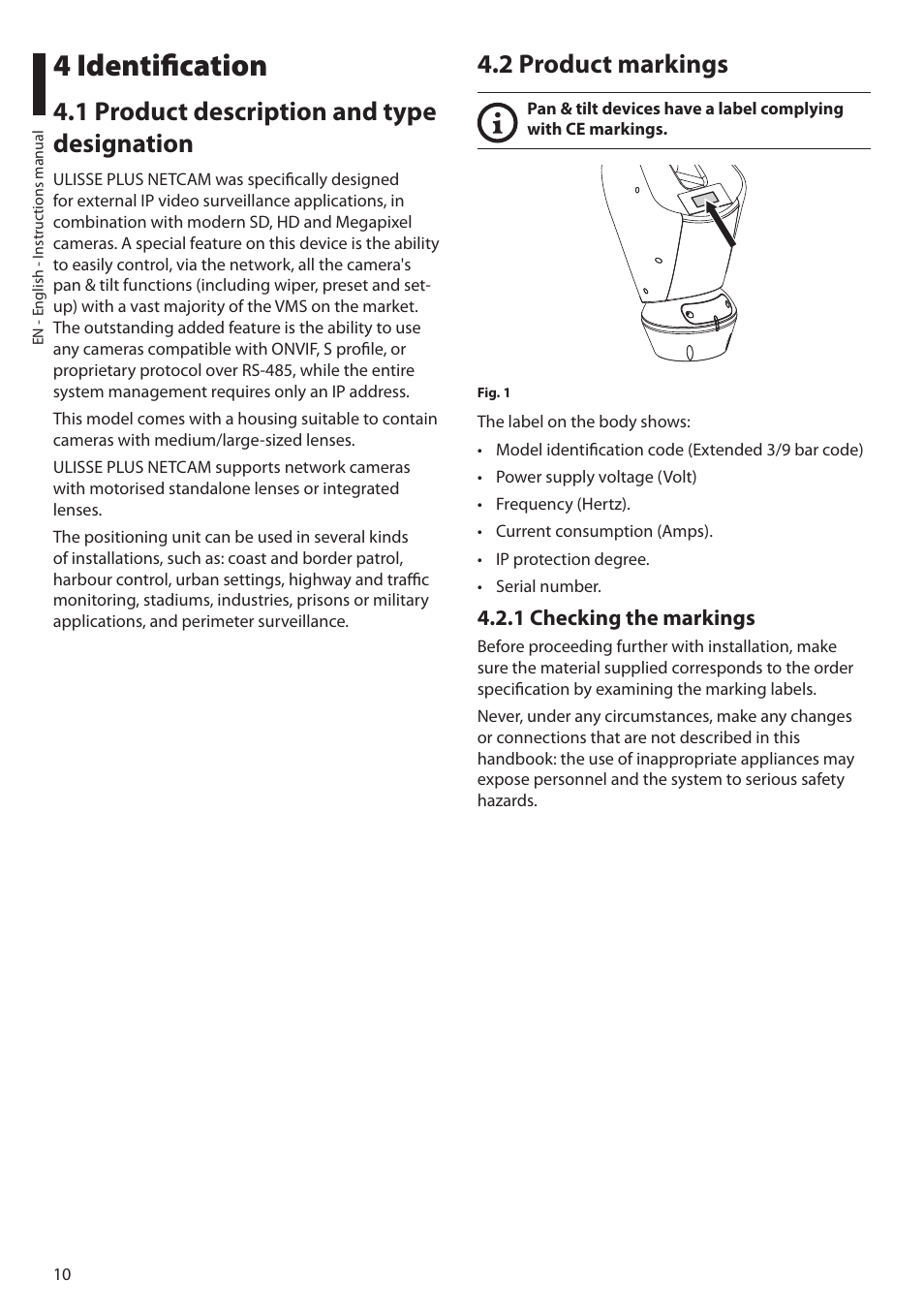 4 identification, 1 product description and type designation, 2 product markings | 1 checking the markings | Videotec ULISSE PLUS NETCAM User Manual | Page 12 / 196