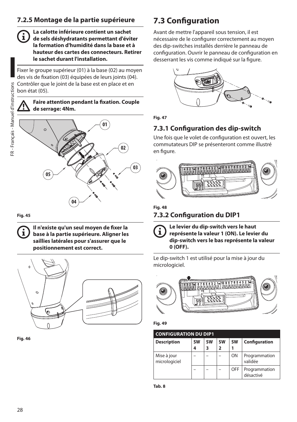 5 montage de la partie supérieure, 3 configuration, 1 configuration des dip-switch | 2 configuration du dip1 | Videotec ULISSE PLUS NETCAM User Manual | Page 126 / 196