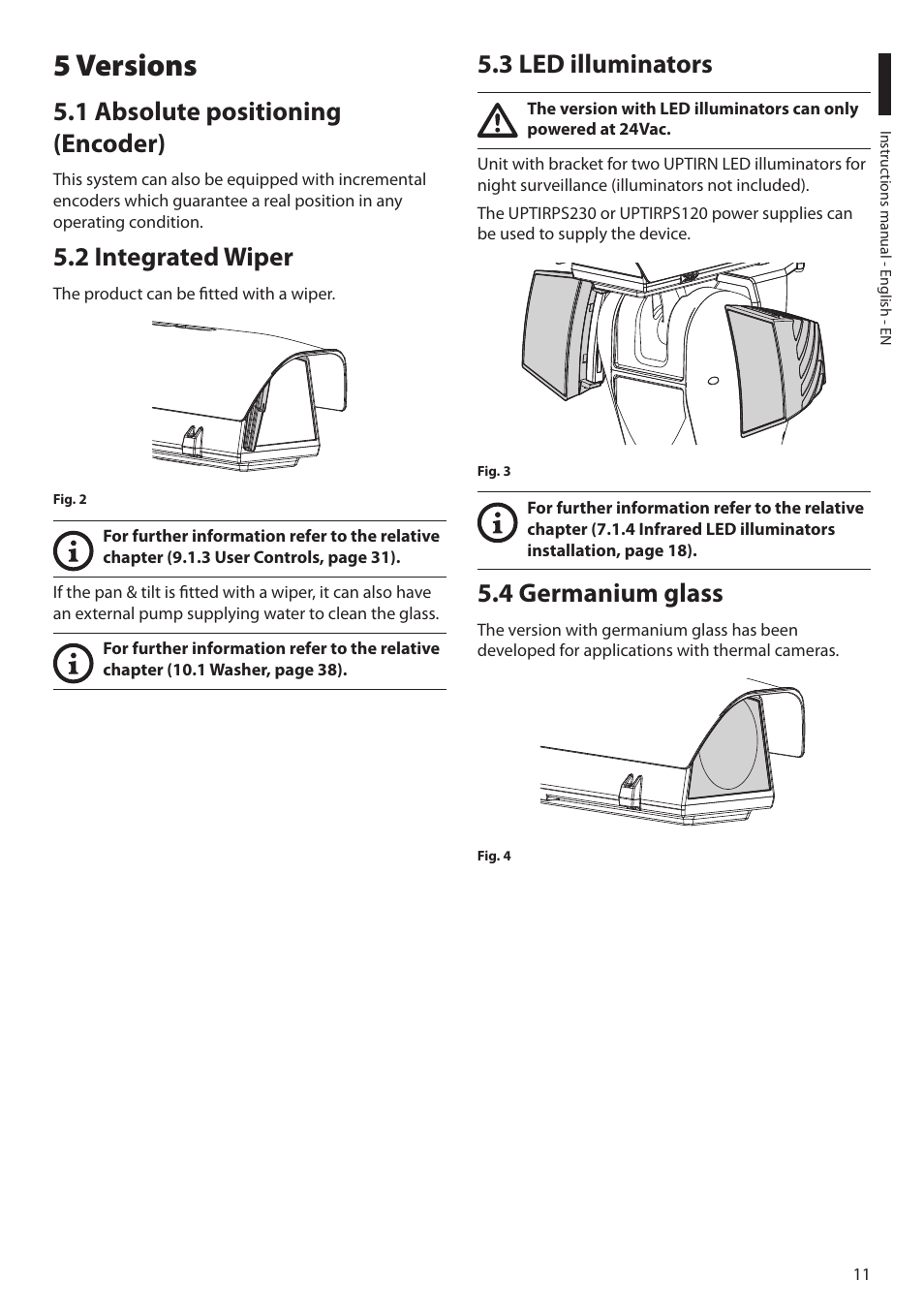 5 versions, 1 absolute positioning (encoder), 2 integrated wiper | 3 led illuminators, 4 germanium glass | Videotec ULISSE PLUS NETCAM User Manual | Page 13 / 196