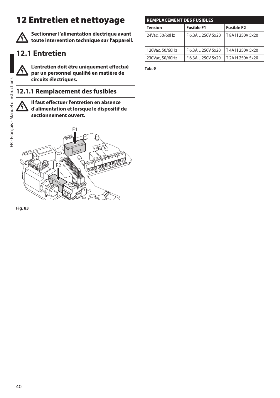 12 entretien et nettoyage, 1 entretien, 1 remplacement des fusibles | Videotec ULISSE PLUS NETCAM User Manual | Page 138 / 196