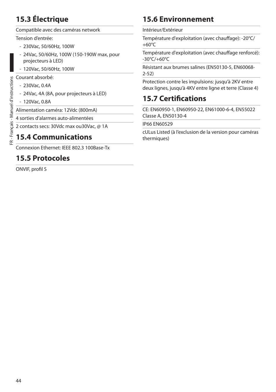 3 électrique, 4 communications, 5 protocoles | 6 environnement, 7 certifications | Videotec ULISSE PLUS NETCAM User Manual | Page 142 / 196