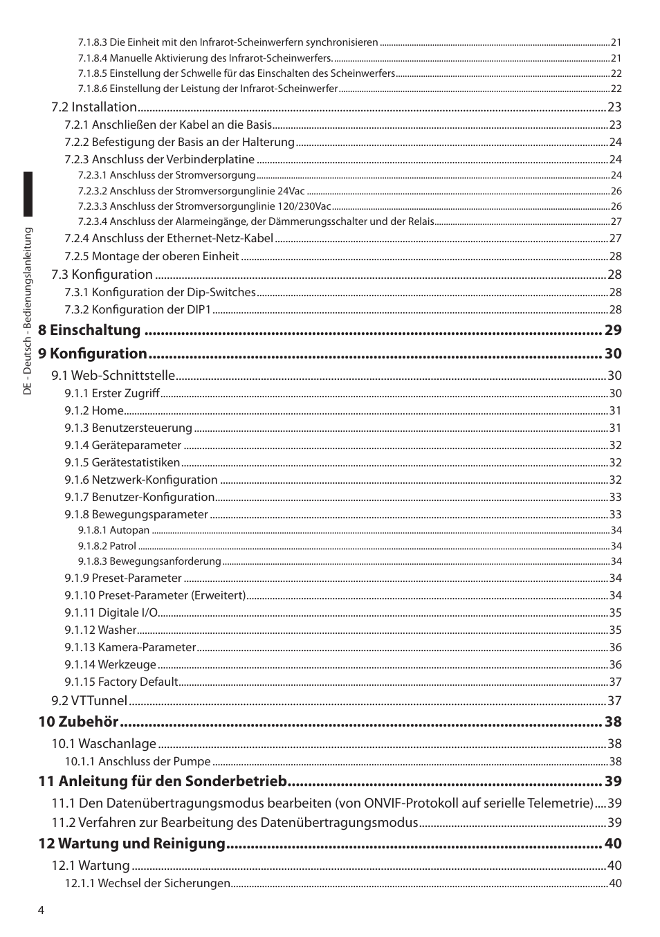 8 einschaltung 9 konfiguration, 10 zubehör, 11 anleitung für den sonderbetrieb | 12 wartung und reinigung | Videotec ULISSE PLUS NETCAM User Manual | Page 150 / 196