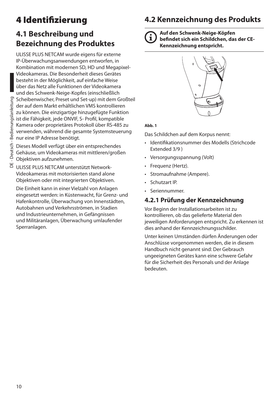 4 identifizierung, 1 beschreibung und bezeichnung des produktes, 2 kennzeichnung des produkts | 1 prüfung der kennzeichnung | Videotec ULISSE PLUS NETCAM User Manual | Page 156 / 196