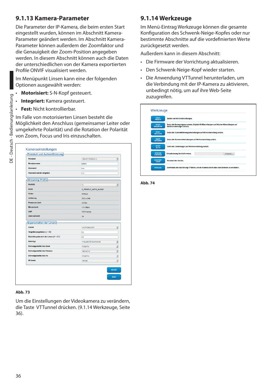 13 kamera-parameter, 14 werkzeuge, 13 kamera-parameter 9.1.14 werkzeuge | Videotec ULISSE PLUS NETCAM User Manual | Page 182 / 196