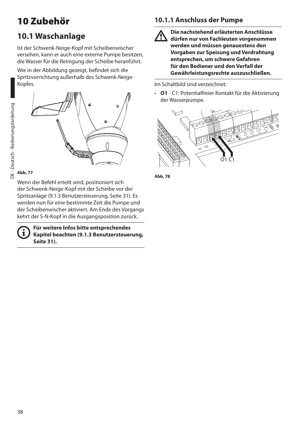 10 zubehör, 1 waschanlage, 1 anschluss der pumpe | Videotec ULISSE PLUS NETCAM User Manual | Page 184 / 196
