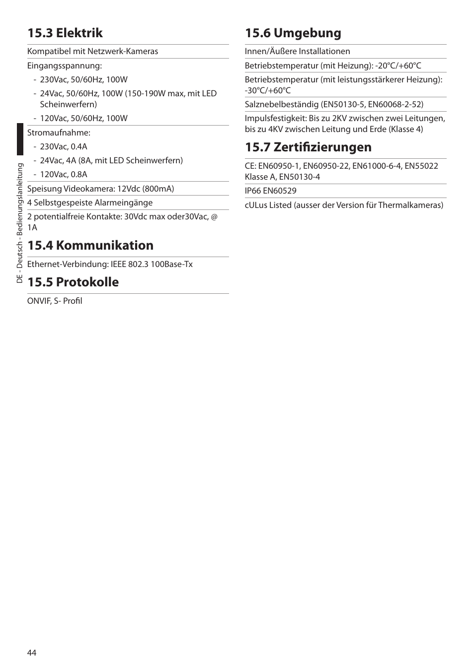 3 elektrik, 4 kommunikation, 5 protokolle | 6 umgebung, 7 zertifizierungen | Videotec ULISSE PLUS NETCAM User Manual | Page 190 / 196