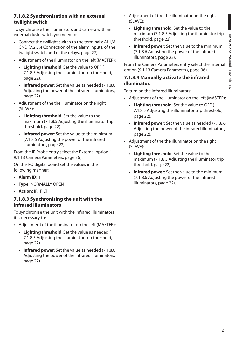 2 synchronisation with an external twilight switch, 4 manually activate the infrared illuminator | Videotec ULISSE PLUS NETCAM User Manual | Page 23 / 196