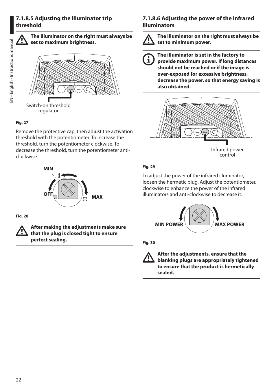 5 adjusting the illuminator trip threshold, 6 adjusting the power of the infrared illuminators | Videotec ULISSE PLUS NETCAM User Manual | Page 24 / 196