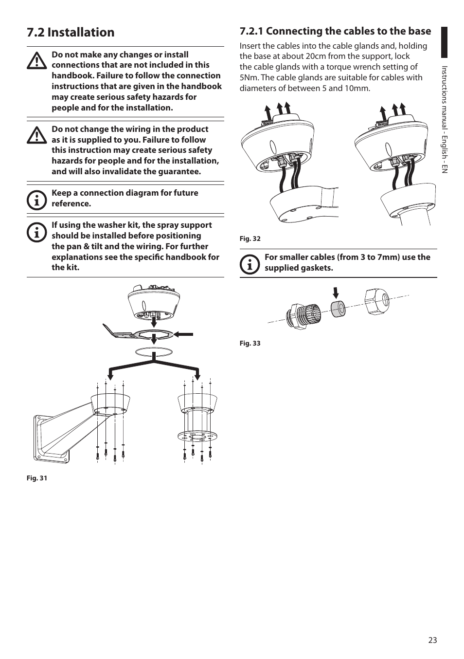 2 installation, 1 connecting the cables to the base | Videotec ULISSE PLUS NETCAM User Manual | Page 25 / 196