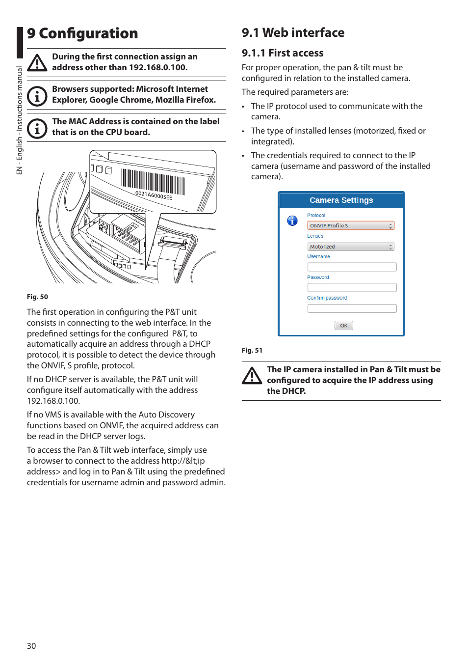 9 configuration, 1 web interface, 1 first access | Videotec ULISSE PLUS NETCAM User Manual | Page 32 / 196
