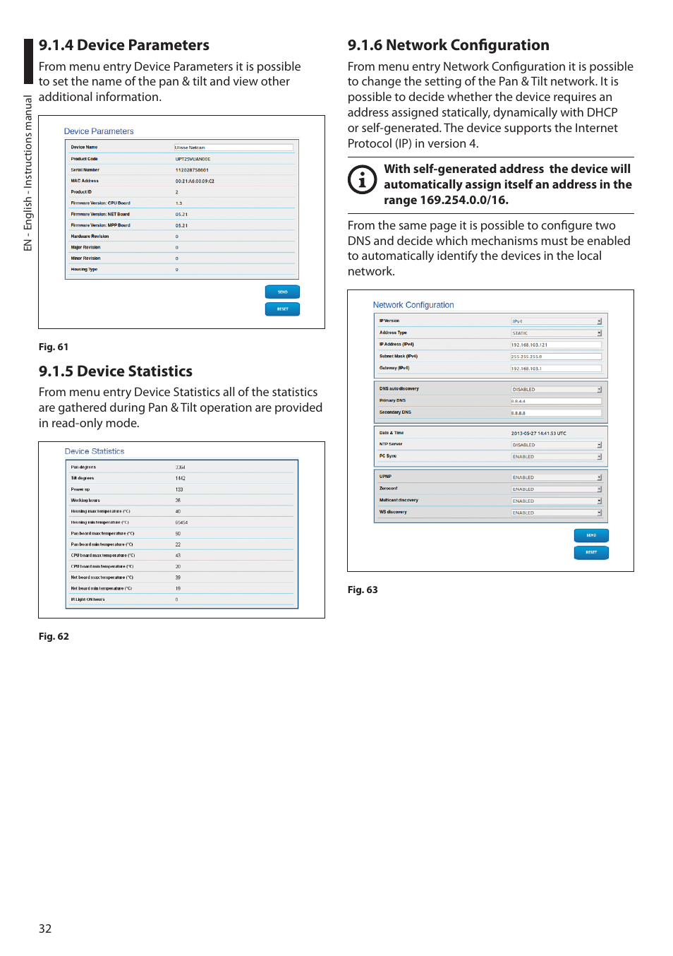 4 device parameters, 5 device statistics, 6 network configuration | Videotec ULISSE PLUS NETCAM User Manual | Page 34 / 196