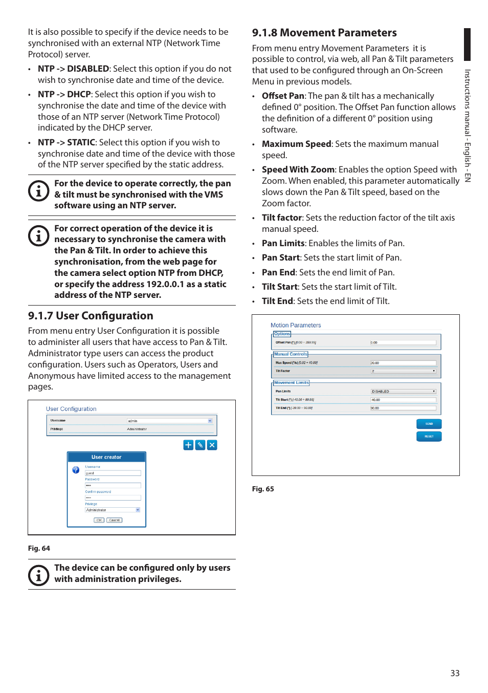 7 user configuration, 8 movement parameters, 7 user configuration 9.1.8 movement parameters | Videotec ULISSE PLUS NETCAM User Manual | Page 35 / 196
