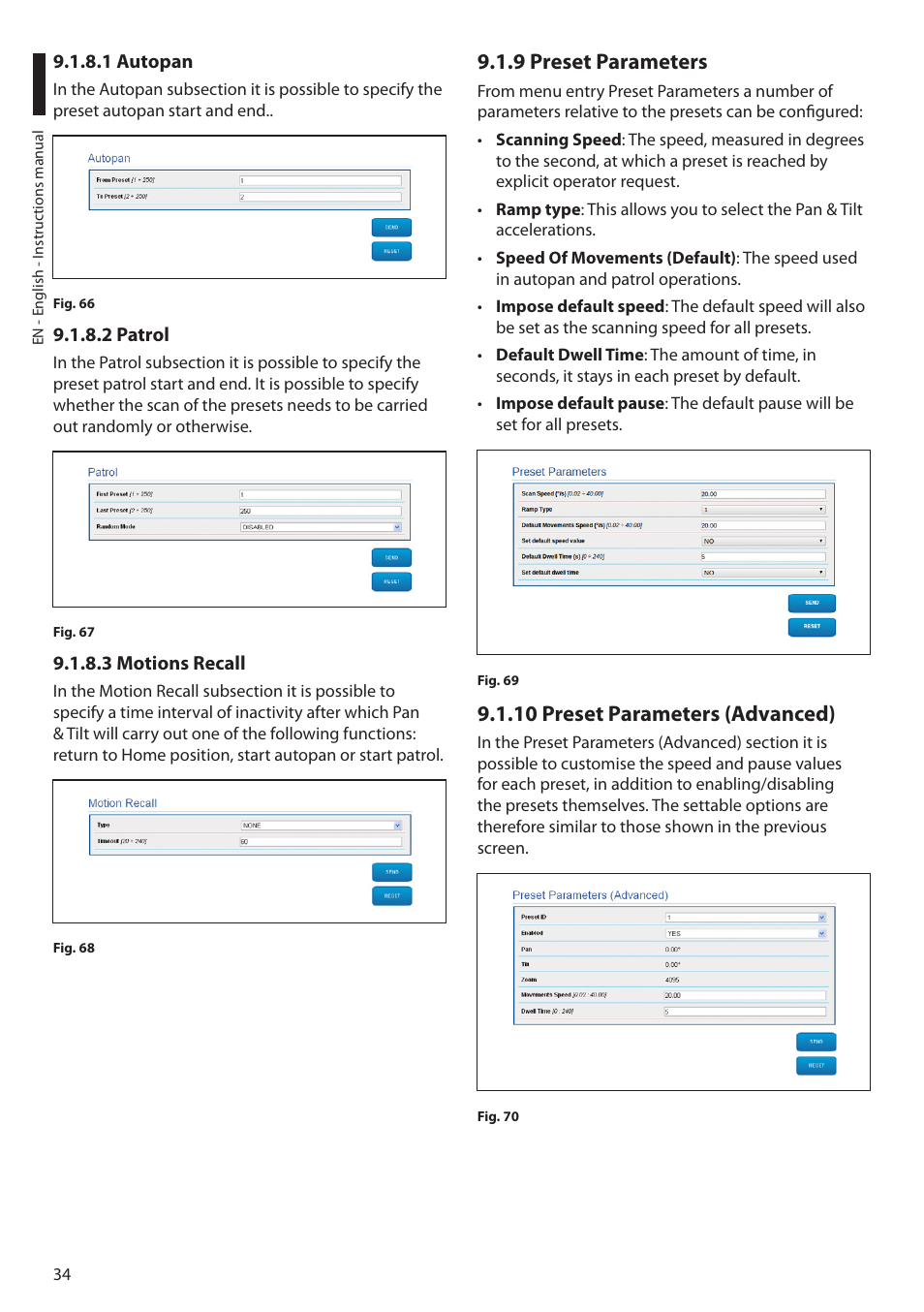 1 autopan, 2 patrol, 3 motions recall | 9 preset parameters, 10 preset parameters (advanced), 1 autopan 9.1.8.2 patrol 9.1.8.3 motions recall | Videotec ULISSE PLUS NETCAM User Manual | Page 36 / 196