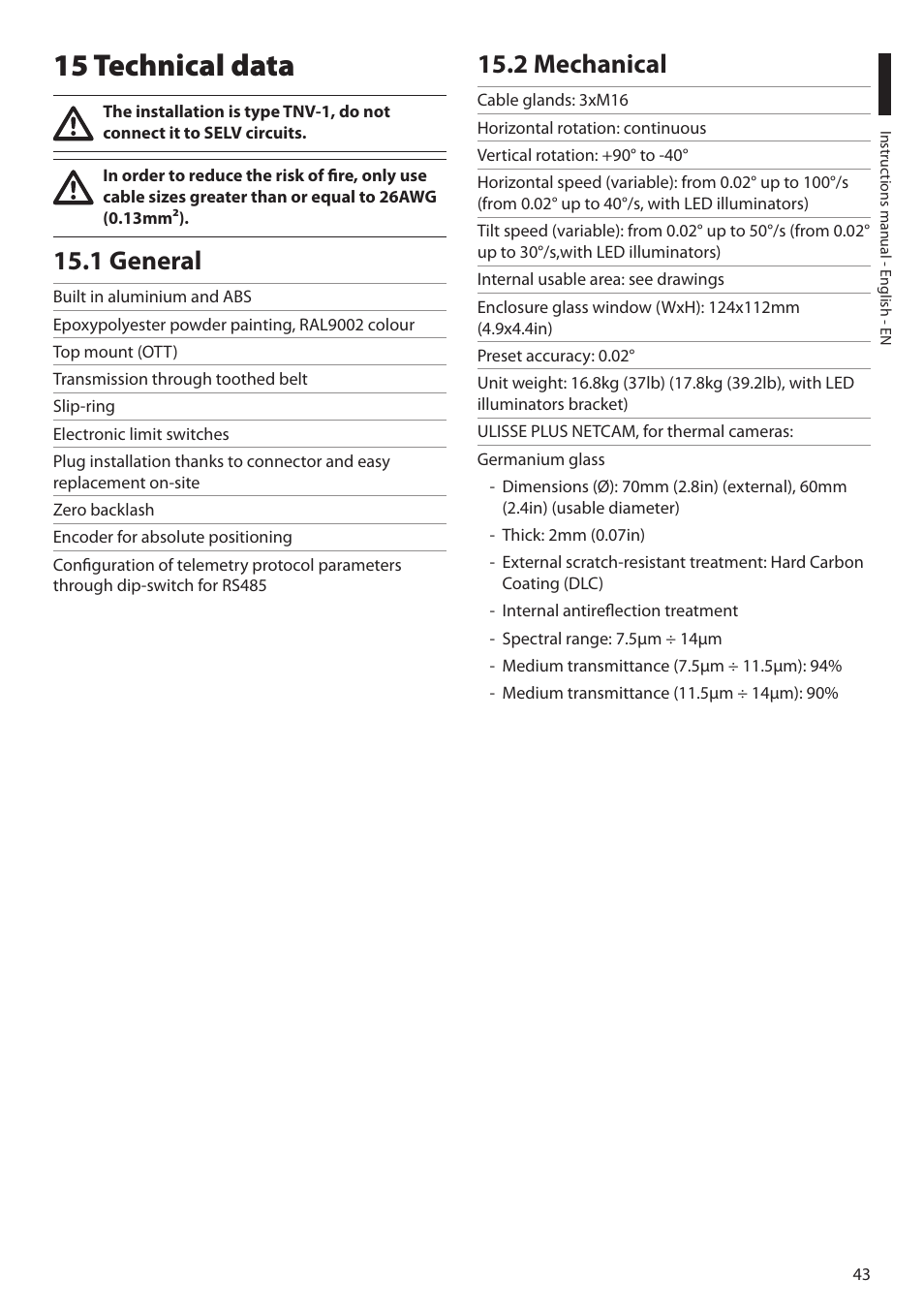 15 technical data, 1 general, 2 mechanical | 1 general 15.2 mechanical | Videotec ULISSE PLUS NETCAM User Manual | Page 45 / 196