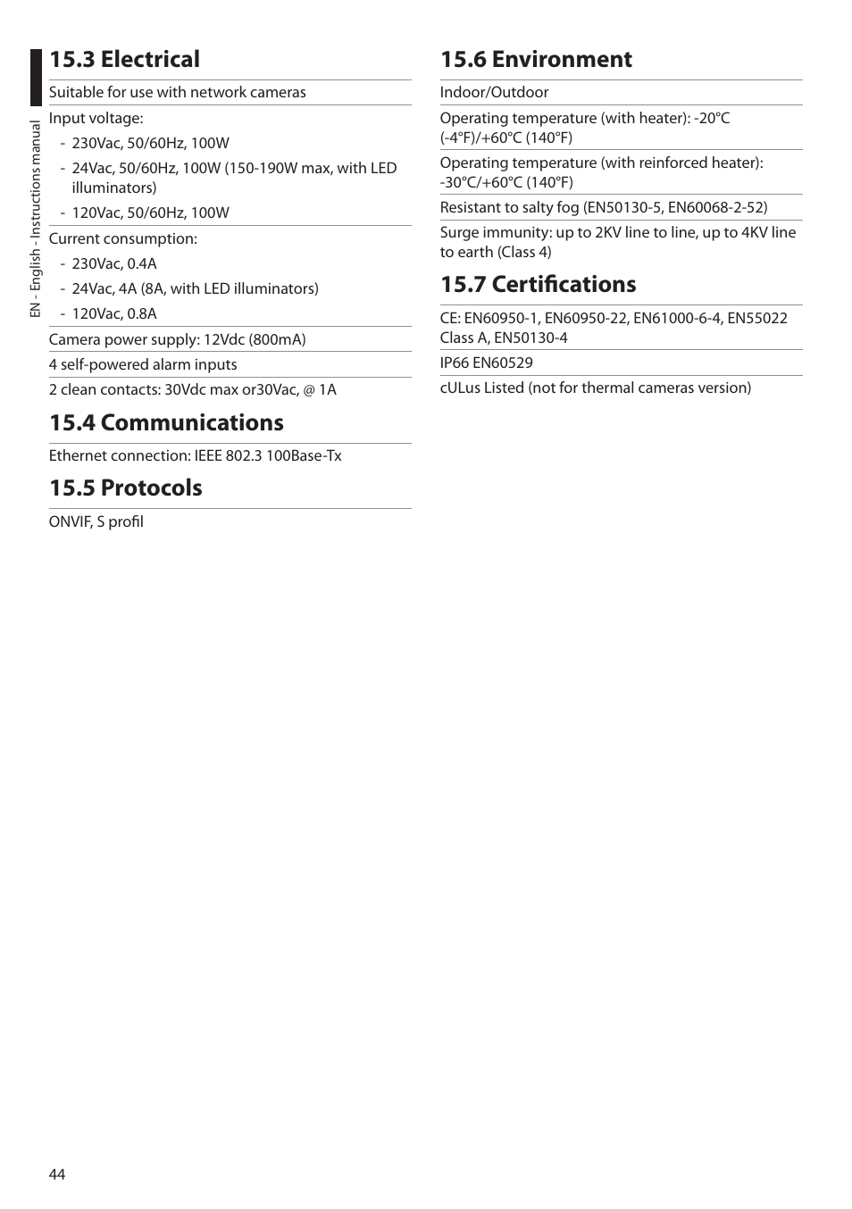 3 electrical, 4 communications, 5 protocols | 6 environment, 7 certifications | Videotec ULISSE PLUS NETCAM User Manual | Page 46 / 196