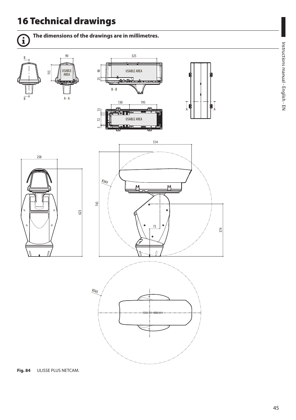 16 technical drawings, The dimensions of the drawings are in millimetres | Videotec ULISSE PLUS NETCAM User Manual | Page 47 / 196