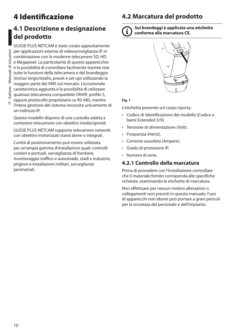 4 identificazione, 1 descrizione e designazione del prodotto, 2 marcatura del prodotto | 1 controllo della marcatura | Videotec ULISSE PLUS NETCAM User Manual | Page 60 / 196