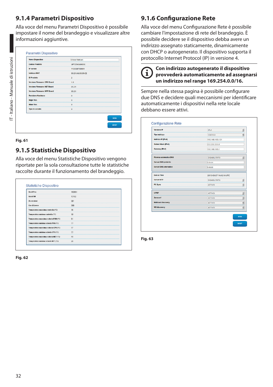 4 parametri dispositivo, 5 statistiche dispositivo, 6 configurazione rete | Videotec ULISSE PLUS NETCAM User Manual | Page 82 / 196