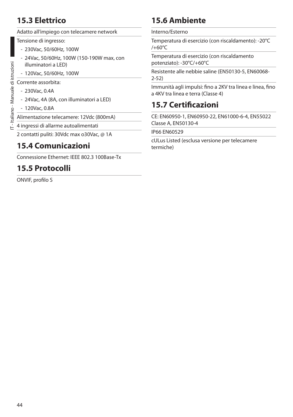 3 elettrico, 4 comunicazioni, 5 protocolli | 6 ambiente, 7 certificazioni | Videotec ULISSE PLUS NETCAM User Manual | Page 94 / 196