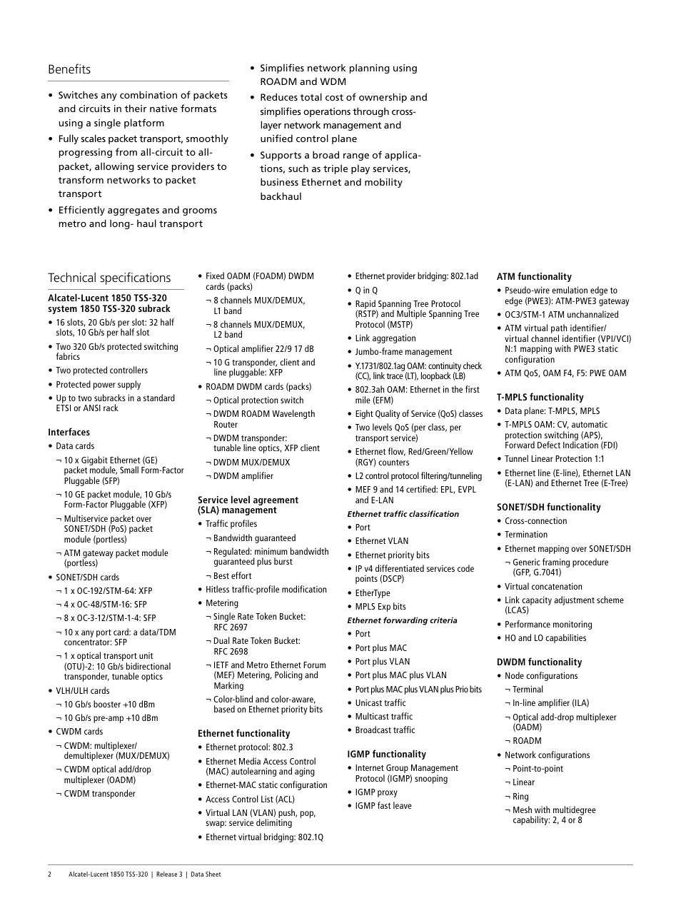 Benefits, Technical specifications | Alcatel-Lucent 1850 TSS-320 User Manual | Page 2 / 4