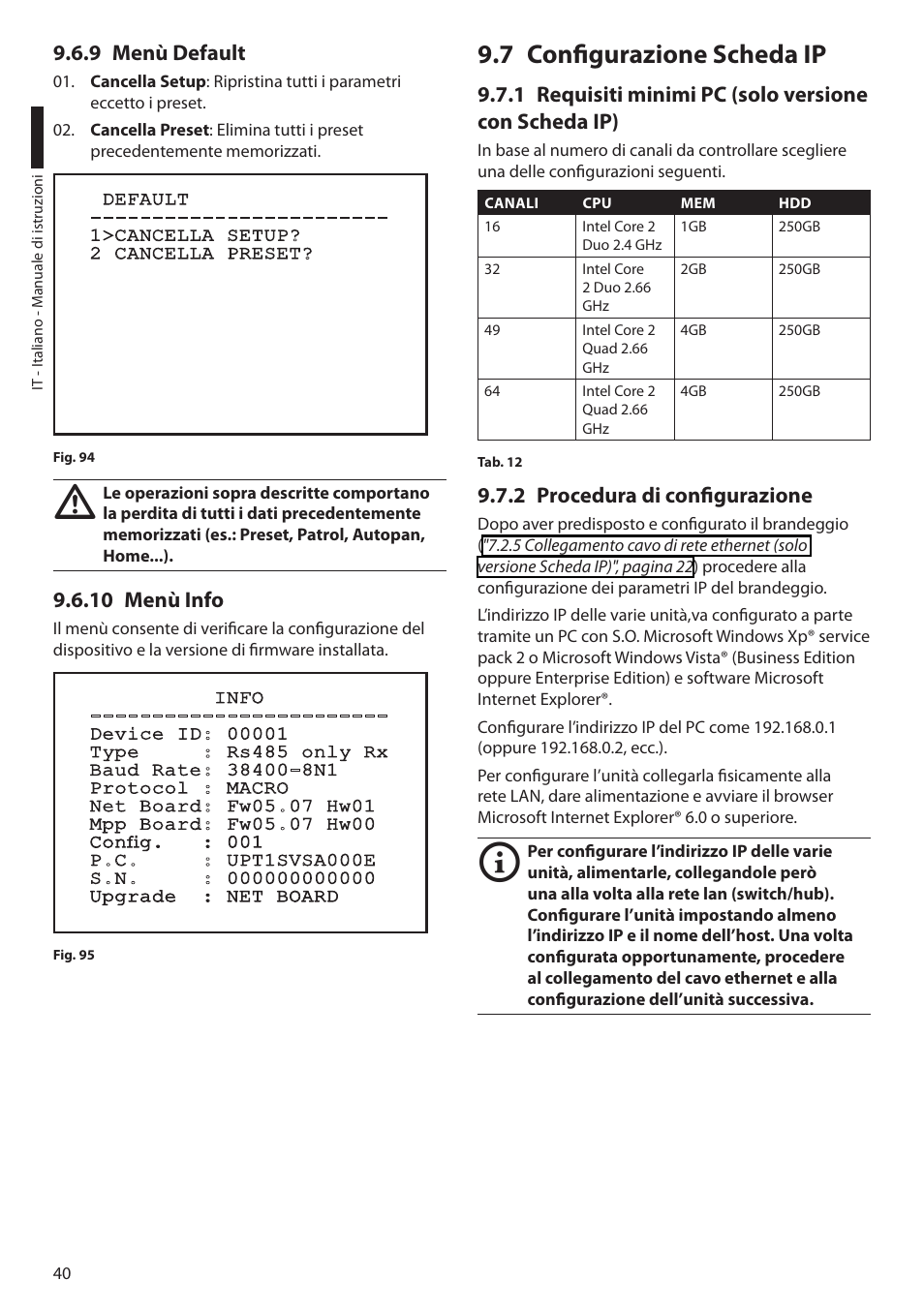 9 menù default, 10 menù info, 7 configurazione scheda ip | 2 procedura di configurazione, 9 menù default 9.6.10 menù info | Videotec ULISSE MAXI User Manual | Page 102 / 244