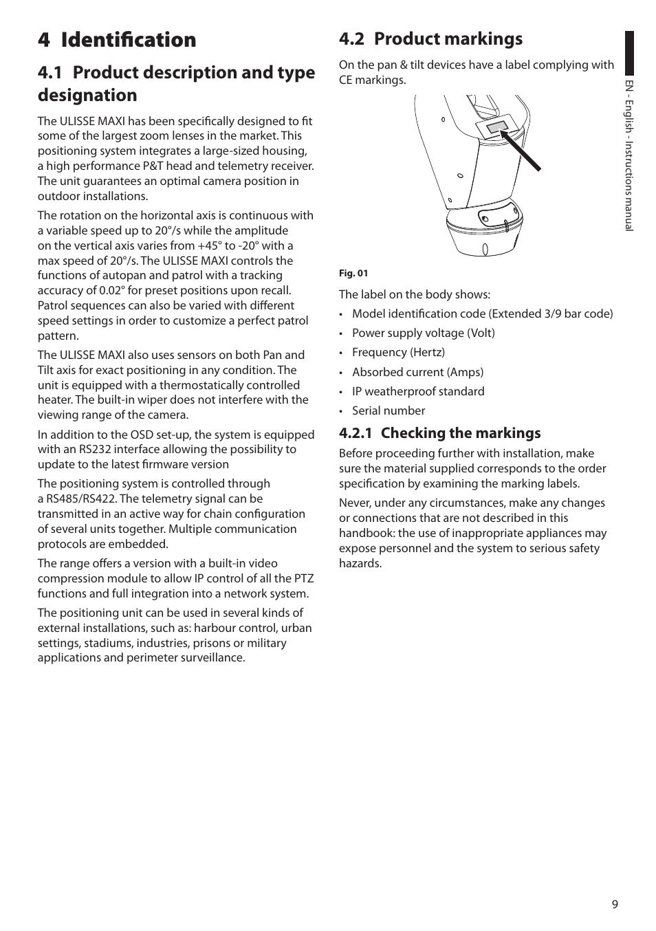 4 identification, 1 product description and type designation, 2 product markings | 1 checking the markings | Videotec ULISSE MAXI User Manual | Page 11 / 244