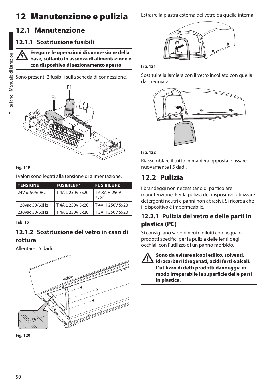 12 manutenzione e pulizia, 1 manutenzione, 1 sostituzione fusibili | 2 sostituzione del vetro in caso di rottura, 2 pulizia, 1 pulizia del vetro e delle parti in plastica (pc) | Videotec ULISSE MAXI User Manual | Page 112 / 244