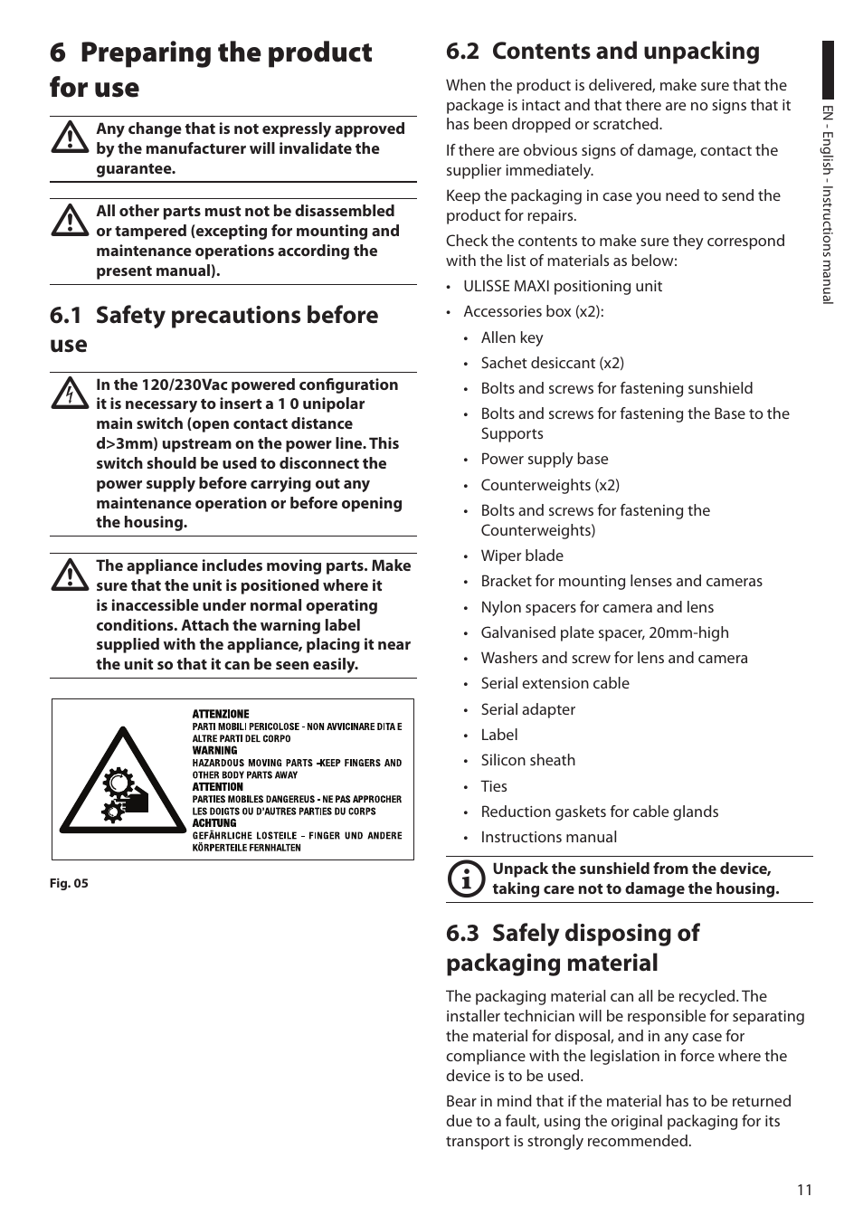 6 preparing the product for use, 1 safety precautions before use, 2 contents and unpacking | 3 safely disposing of packaging material | Videotec ULISSE MAXI User Manual | Page 13 / 244